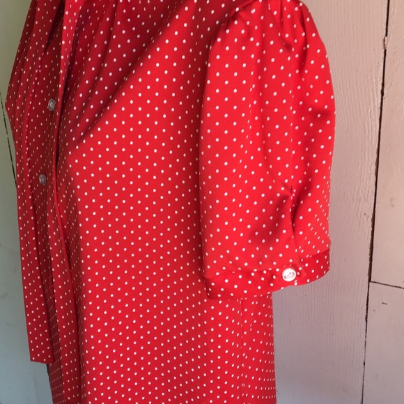 70’s Red Polka Dot Lind Clare Ruffle Tie Blouse - Picture 5 of 9